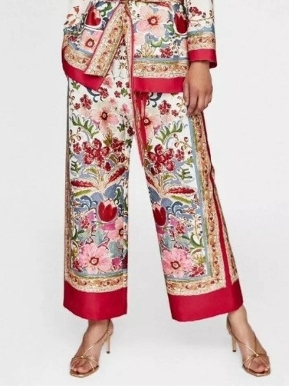 ZARA Printed Wide Pants, Red Floral, Size XL